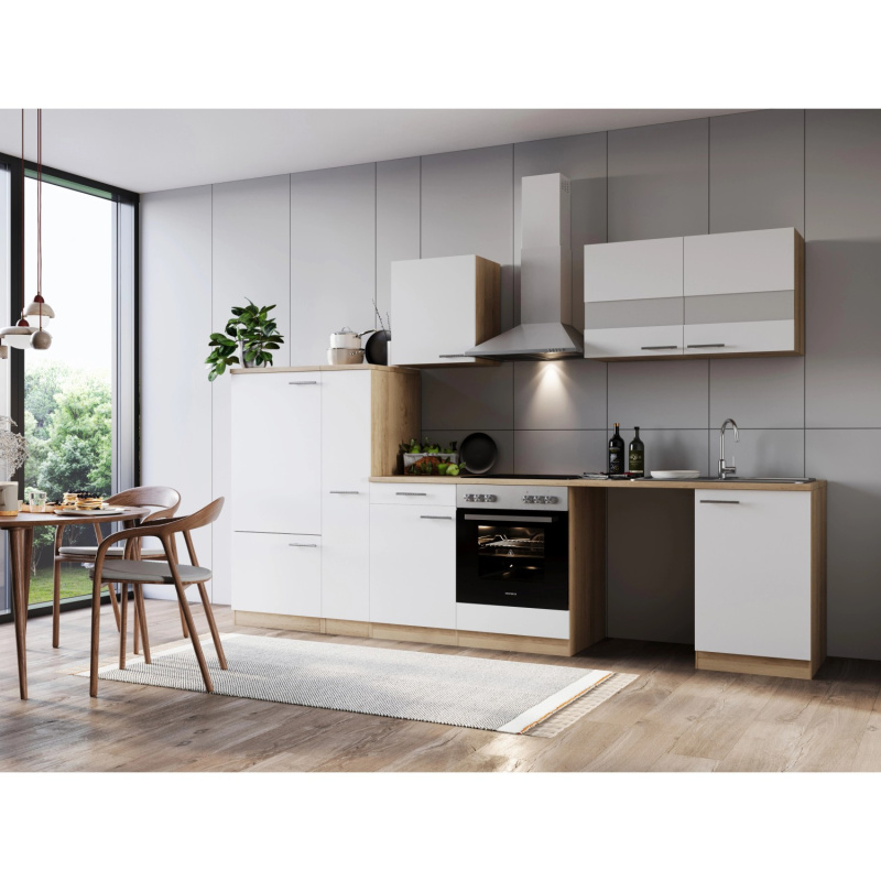 Respekta Kuchyně Merle bílá/dub 310 cm-skl.deska/kom.dig/lednice/nika na pračku