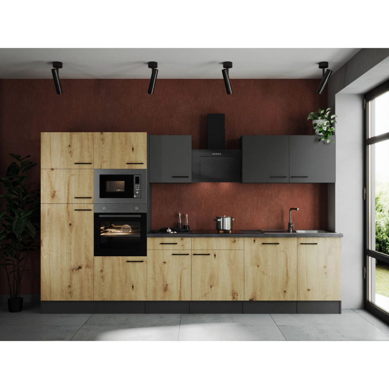 Respekta Kuchyně Oliver dub+šedá m./žula 340cm-trouba/skl.d/dig./myčka/led./mik.