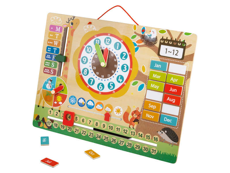 Playtive Dřevěné nástěnné hodiny s kalendářem / notebook (magnetické hodiny)