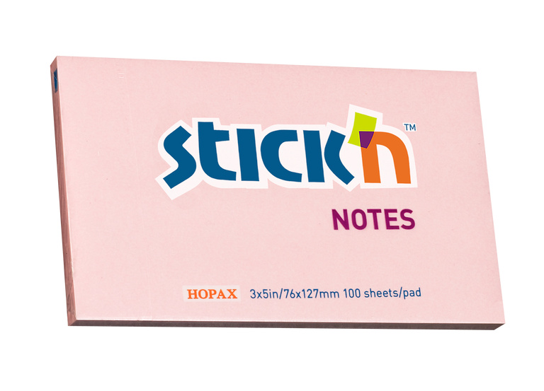 Samolepicí bloček Stick'n 76 × 127 mm, 100 lístků, pastelově růžový