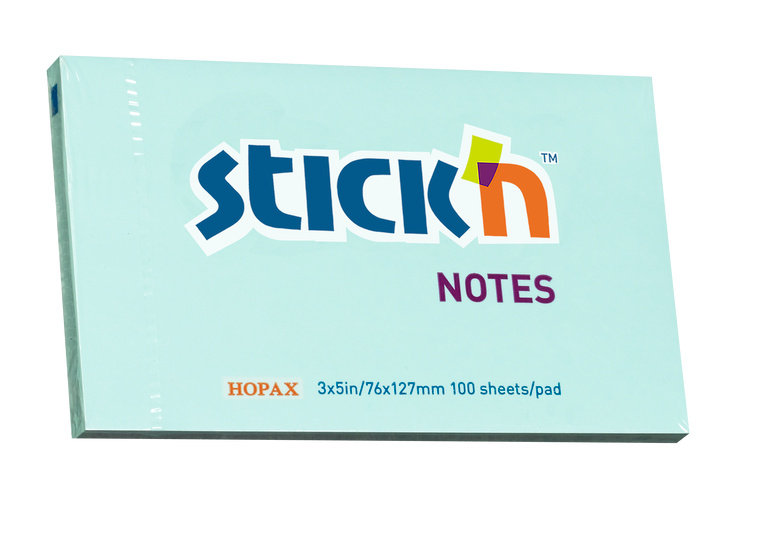 Samolepicí bloček Stick'n 76 × 127 mm, 100 lístků, pastelově modrý