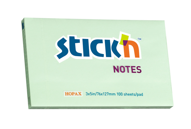 Samolepicí bloček Stick'n 76 × 127 mm, 100 lístků, pastelově zelený