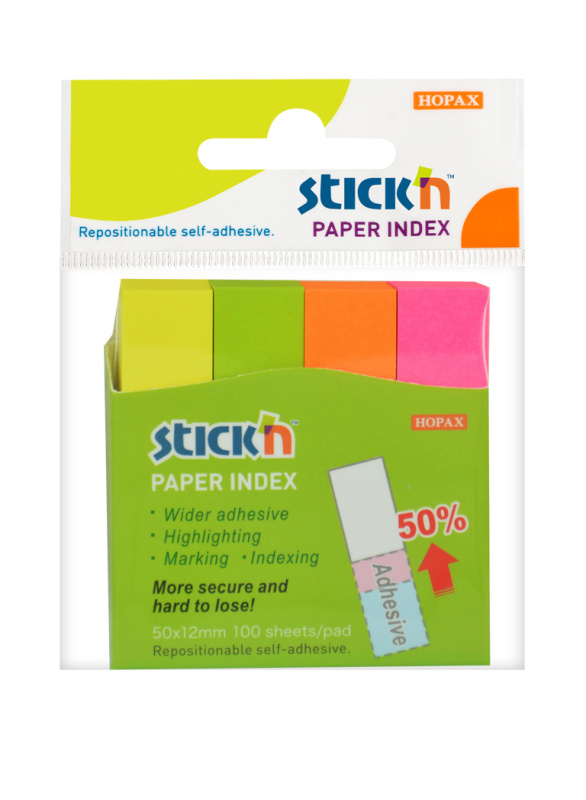 Samolepicí záložky Hopax Stick’n Notes 50 x 12 mm, 4 x 100 listů, neonové