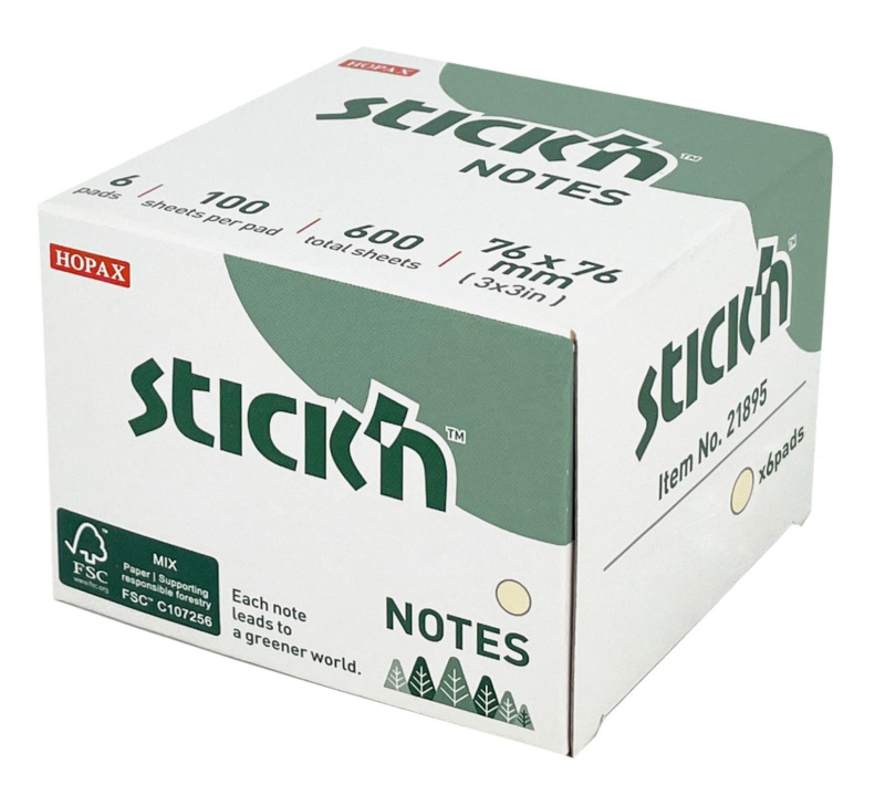 Stick’n by Hopax Samolepicí bloček v kostce Stick'n by Hopax FSC - 76 x 76 mm, 6 x 100 lístků, žluté