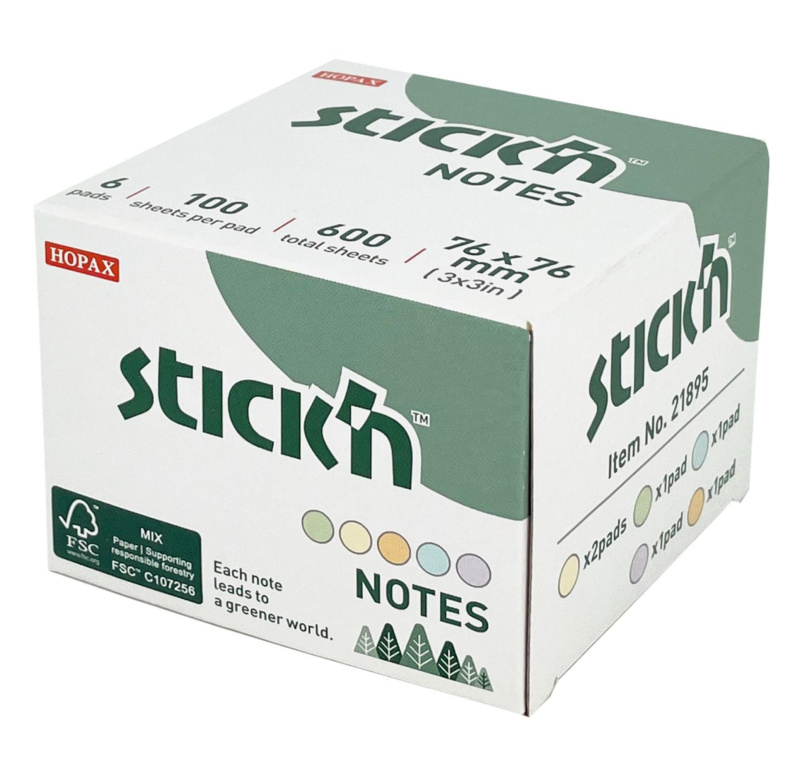 Stick’n by Hopax Samolepicí bloček v kostce Stick'n by Hopax FSC - 76 x 76 mm, 6 x 100 lístků, mix pastelových barev