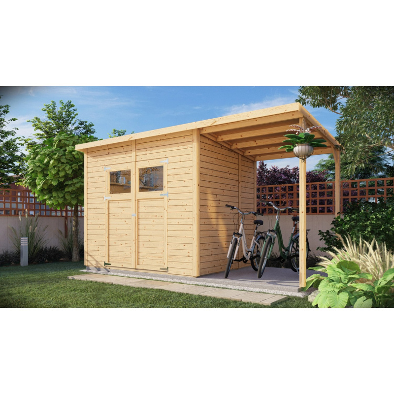 Bertilo Dřevěný domek na nářadí Amrum 3 Plus s příst. přírodní, 386 x 180 cm