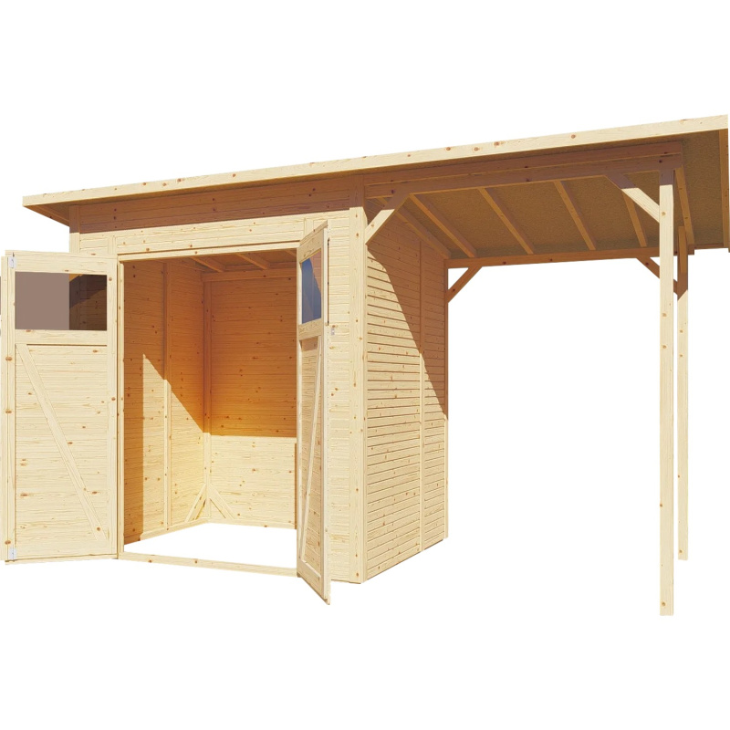Bertilo Dřevěný domek na nářadí Pent Modern 2 Plus, přírodní, 371 x 157 cm