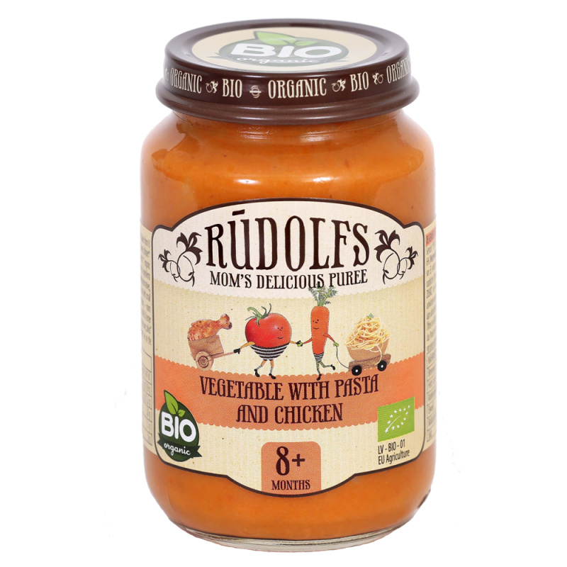 Rudolfs BIO Zelenina s těstovinami a kuřecím masem, 190 g