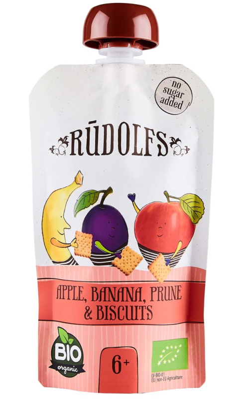 Rudolfs BIO kapsička Jablko, banán, sušená švestka, sušenky, 110 g