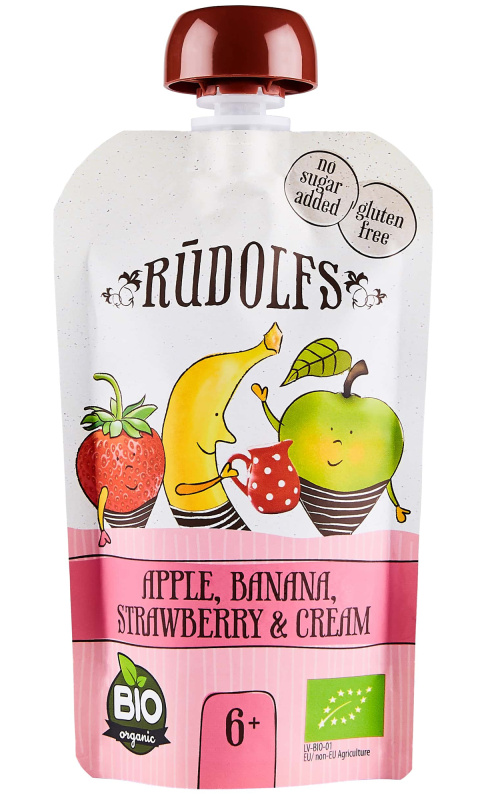 Rudolfs BIO kapsička Jablko, banán, jahoda se smetanou, 110 g