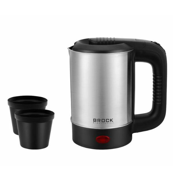 Malá rychlovarná konvice 0,5l, Brock, nerez, 500W, cestovní verze se dvěma pohárky, 230V