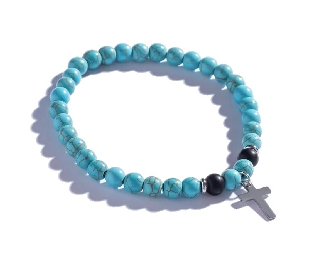 Marc Malone Pánský korálkový náramek s tyrkysem Křížek MCGB5096