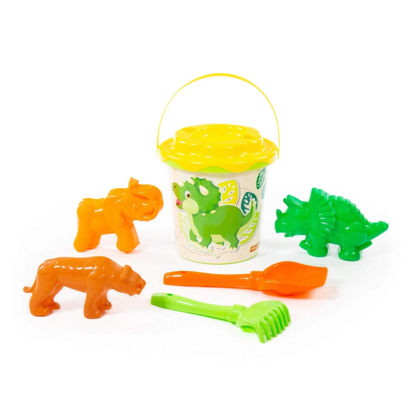 Dětská sada na písek Dino – kyblík, lopatka, hrabičky a formičky