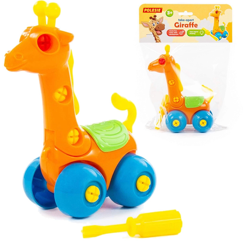 Šroubovací žirafa – montovací dětská hračka na kolečkách