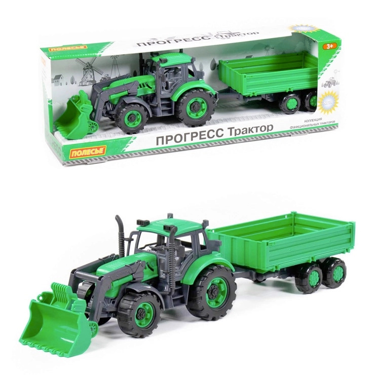 Traktor s přívěsem a nakladačem Progress