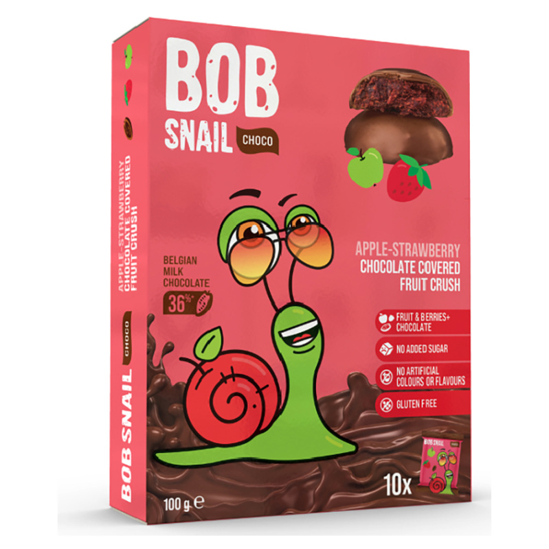 Ovocná pochoutka Bob Snail - jablko-jahoda, v čokoládě, balené 10x 10g, 100g