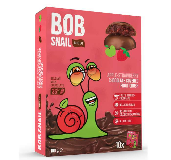 Ovocná pochoutka Bob Snail - jablko-jahoda, v čokoládě, balené 10x 10g, 100g