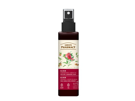 Green Pharmacy Argan Oil & Pomegranate Elixir bezoplachový elixír pro poškozené a křehké vlasy 150 ml
