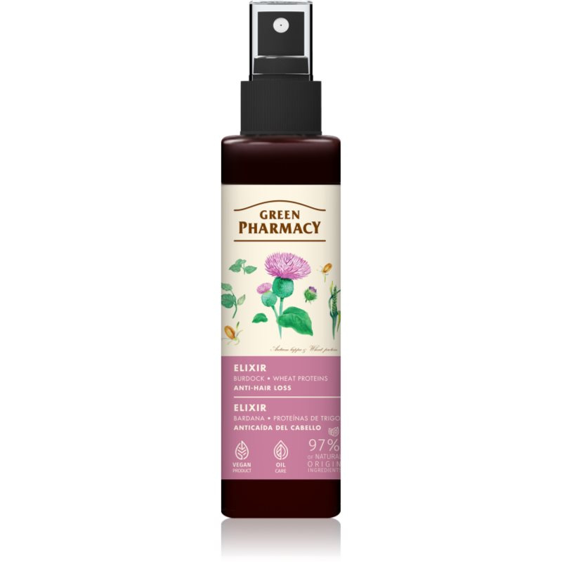 Green Pharmacy Burdock & Wheat proteins Elixir bezoplachová vlasová péče proti vypadávání vlasů 150 ml