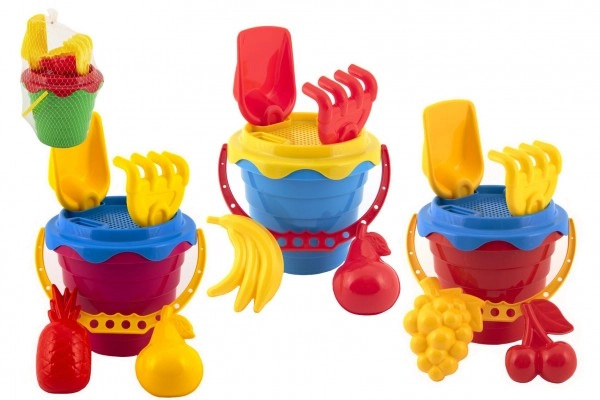 Teddies Sada na písek plast kbelík se sítkem 15x13cm, lopatka, hrabičky, 2 bábovky 4 barvy v síťce