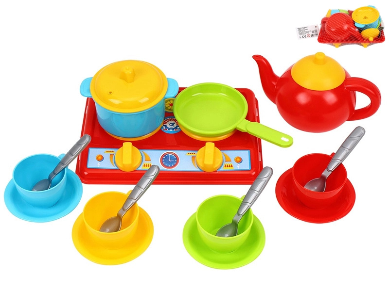 Dětská kuchyňka se sporákem a nádobím, 17dílná sada v síťce