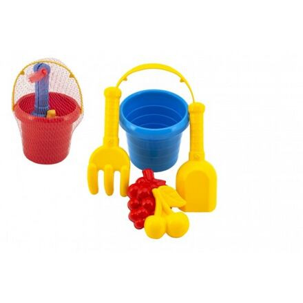 Teddies Sada na písek 5ks plast kbelík lopatka hrabičky bábovka 2ks 3 barvy v síťce11x18x11cm 12m+ TD