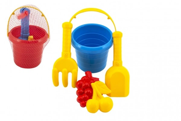 Teddies Sada na písek 5ks plast kbelík lopatka hrabičky bábovka 2ks 3 barvy v síťce11x18x11cm 12m+ TD