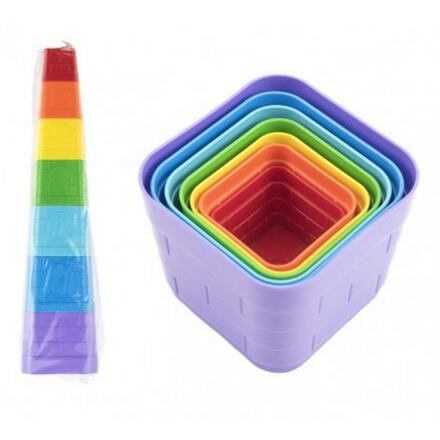 Kubus pyramida skládanka plast hranatá barevná 7ks v sáčku 12m+