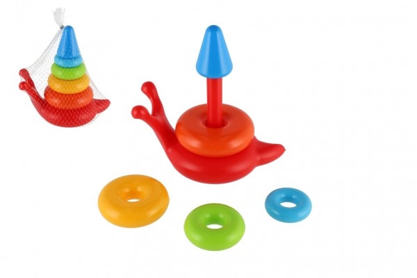 Teddies skládanka pyramida kroužky šnek plast 6ks v síťce 18x20x12 cm