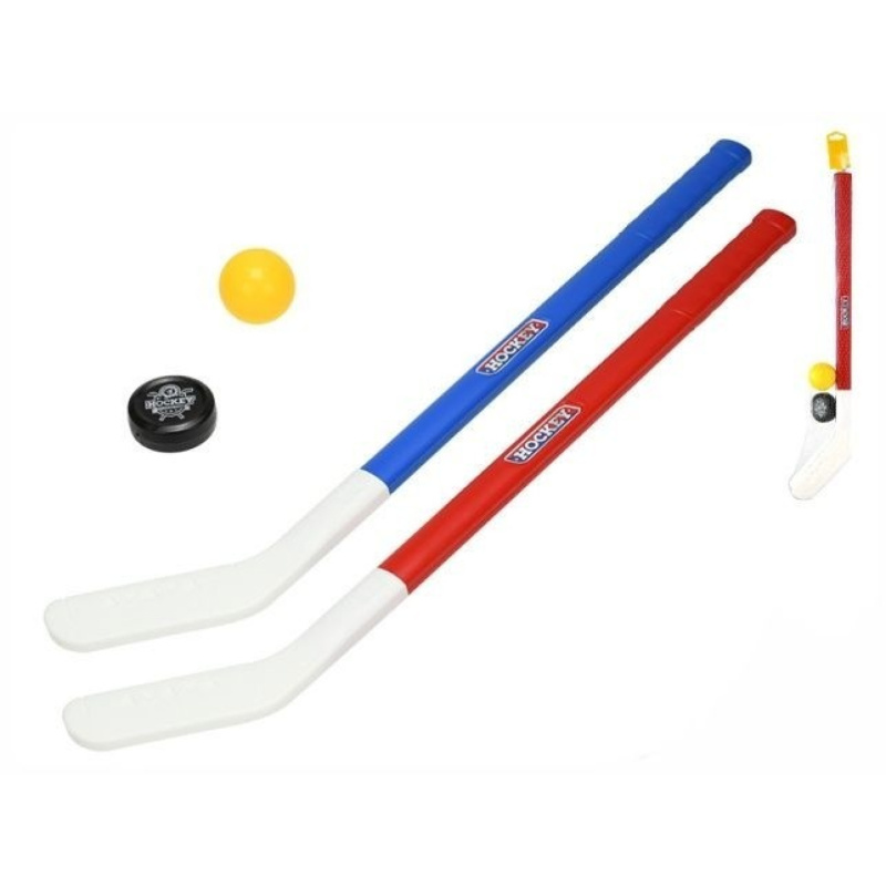 Hokejka pozemní 2ks plast 72cm + florbalový míček +plastový puk v síťce