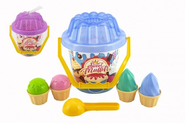 Teddies Sada na písek plast kbelík, lopatka, bábovky 2 barvy v síťce 20x21x20cm 12m