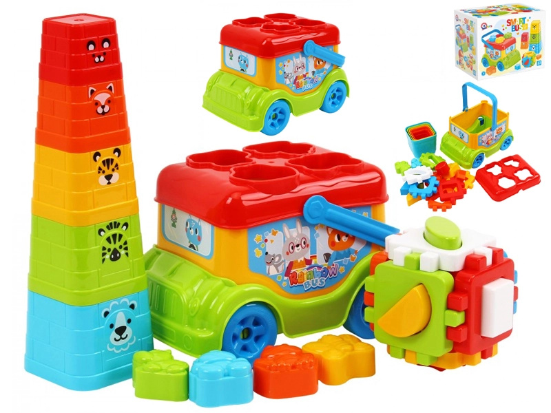 Autobus – vkládačka a skládací pyramida pro děti od 12 měsíců