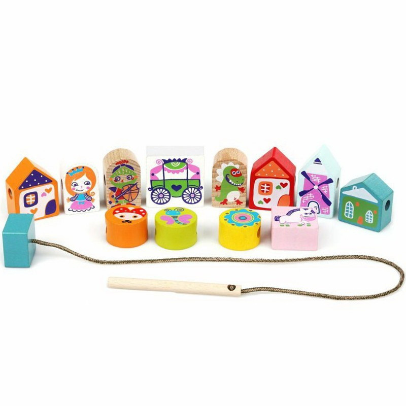 CUBIKA 14309 Navlékací pohádka - navlékací set - 13 dřevěných dílů a 8 předloh
