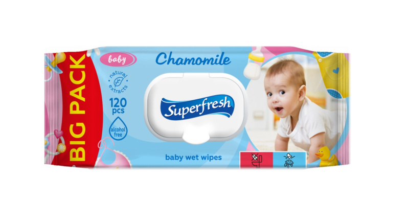 Superfresh Baby Chamomile dětské jemné vlhčené ubrousky pro citlivou pokožku 120 ks