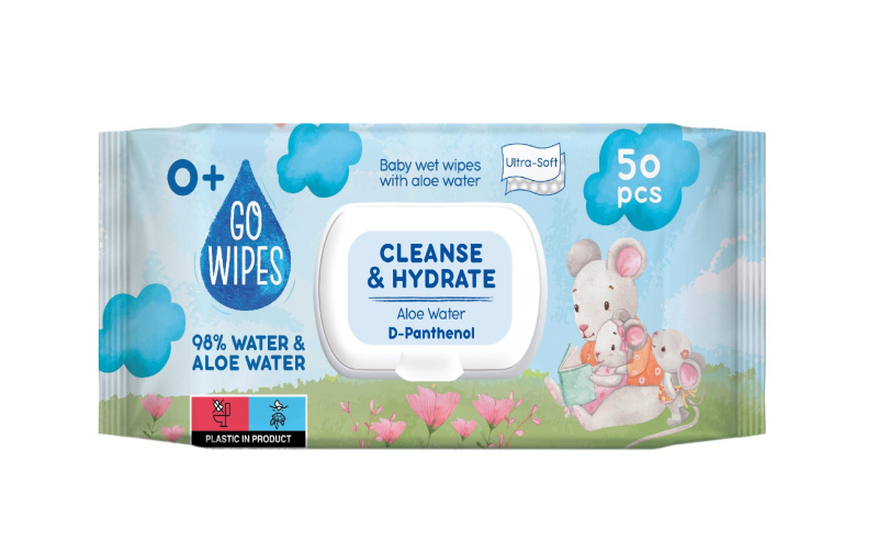 GoWipes Cleanse & Hydrate dětské jemné vlhčené ubrousky pro citlivou pokožku aloe vera 0+ 50 ks