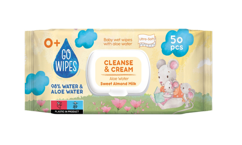 GoWipes Cleanse & Cream Sweet Almond Milk dětské jemné vlhčené ubrousky pro citlivou pokožku aloe vera 0+ 50 ks