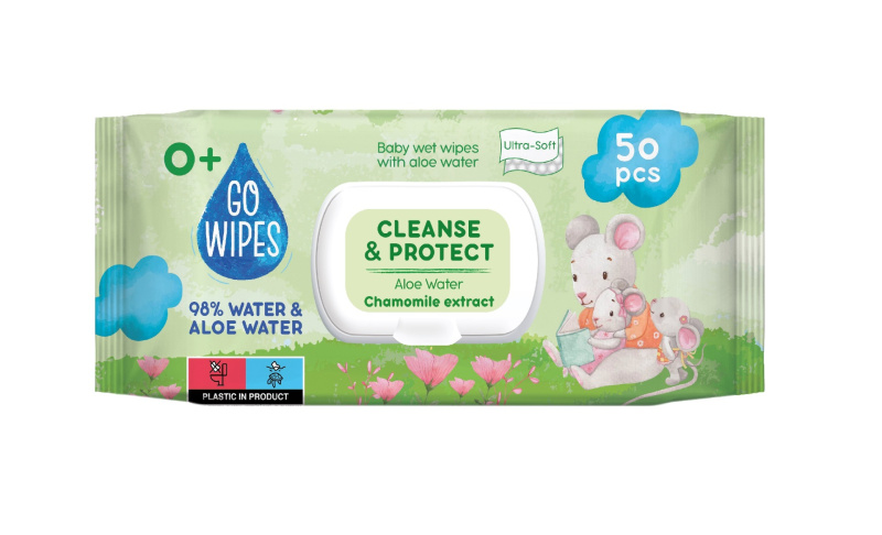 GoWipes Cleanse & Protect Chamomile extract dětské jemné vlhčené ubrousky s aloe vera 50 ks