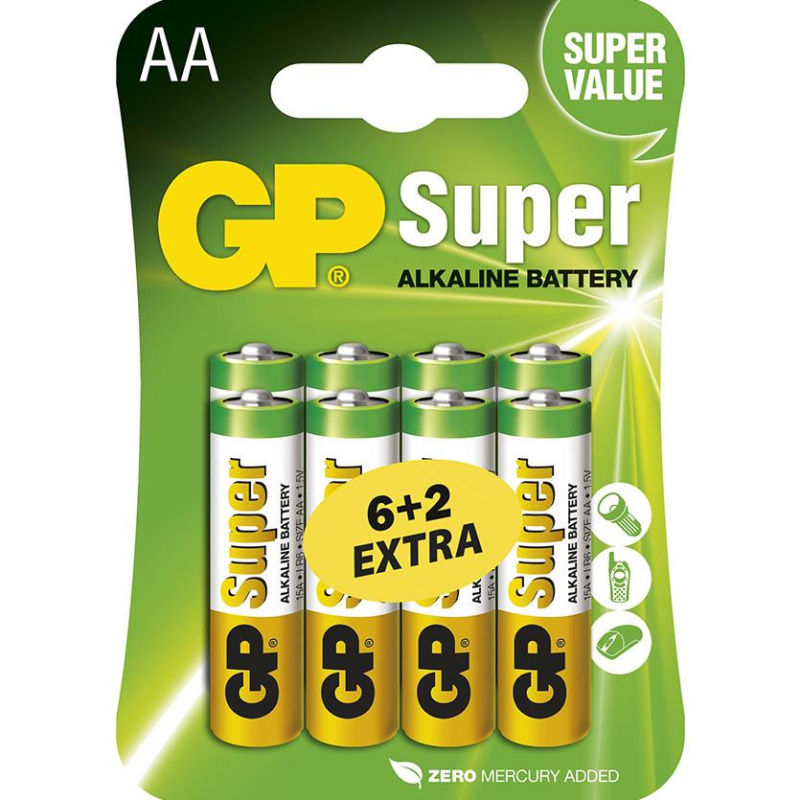 Alkalická baterie GP Super AA (LR6), 6+2 ks