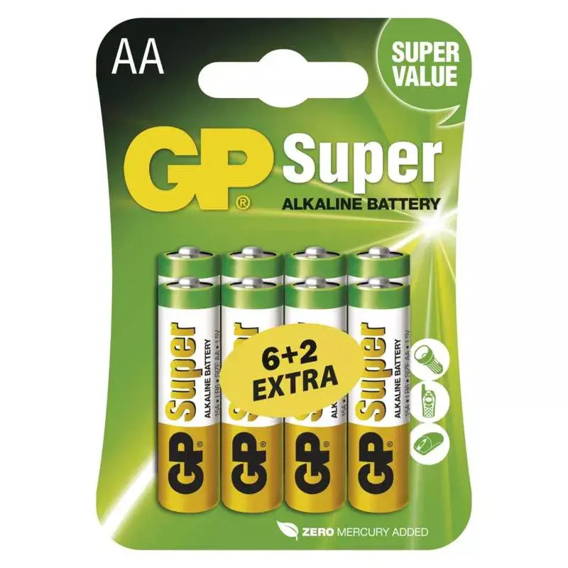 Alkalická baterie GP Super AA (LR6), 6+2 ks