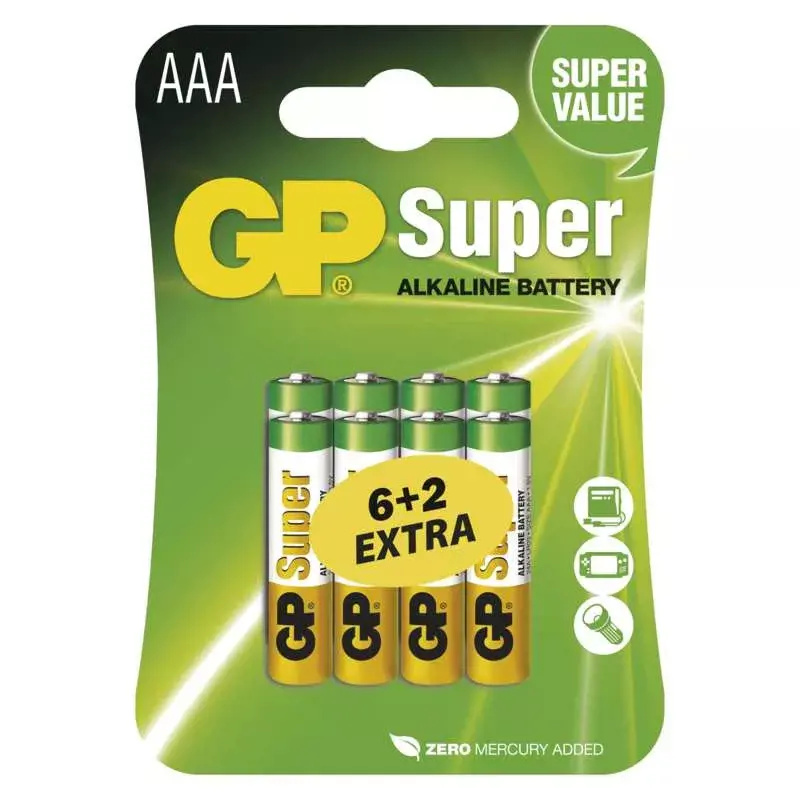 Alkalická baterie GP Super AAA (LR03), 6+2 ks