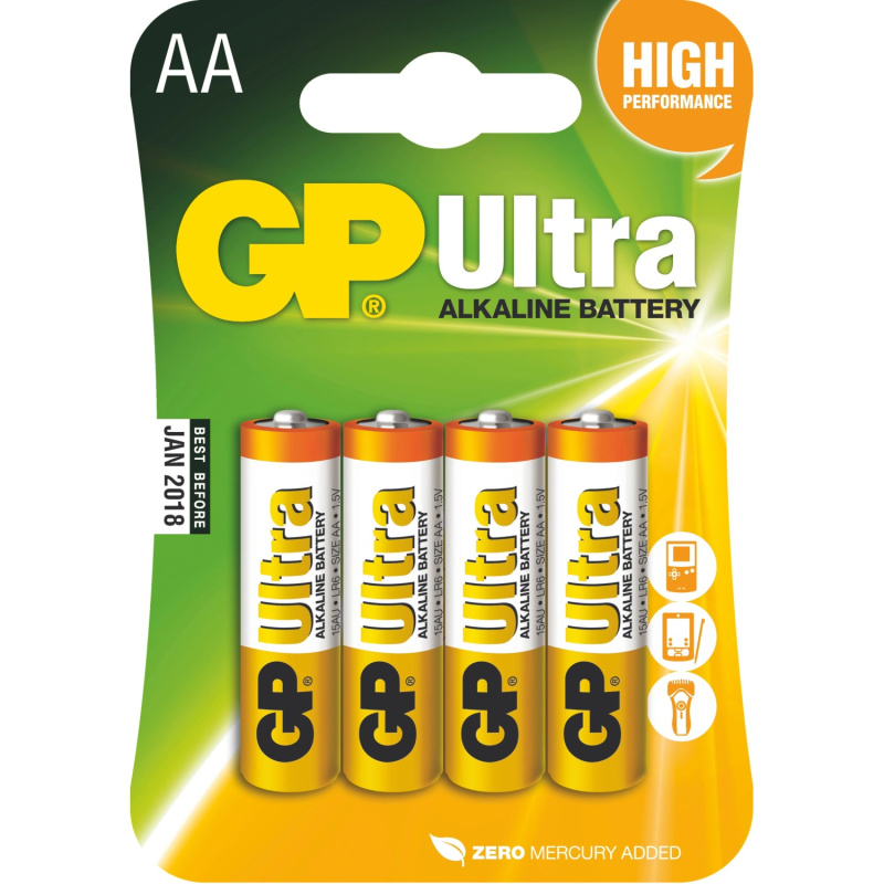 Alkalická baterie GP Ultra AA (LR6), 4 ks