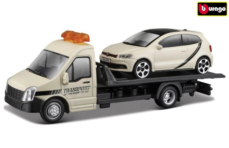 Bburago – STREET FIRE, Přepravní vozidlo Flatbed Transport + VW Polo GTI Mark 5, 1:43