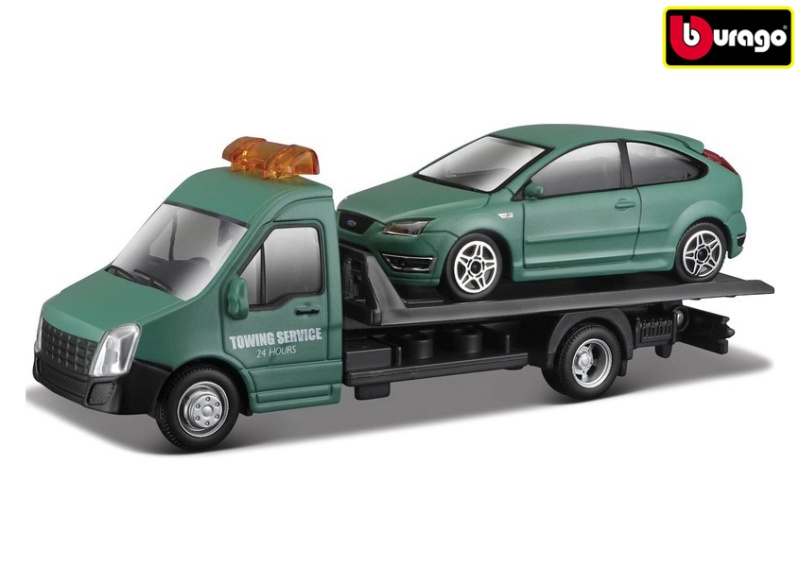 Bburago - STREET FIRE, Přepravní vozidlo Flatbed Transport + Ford Focus ST, 1:43