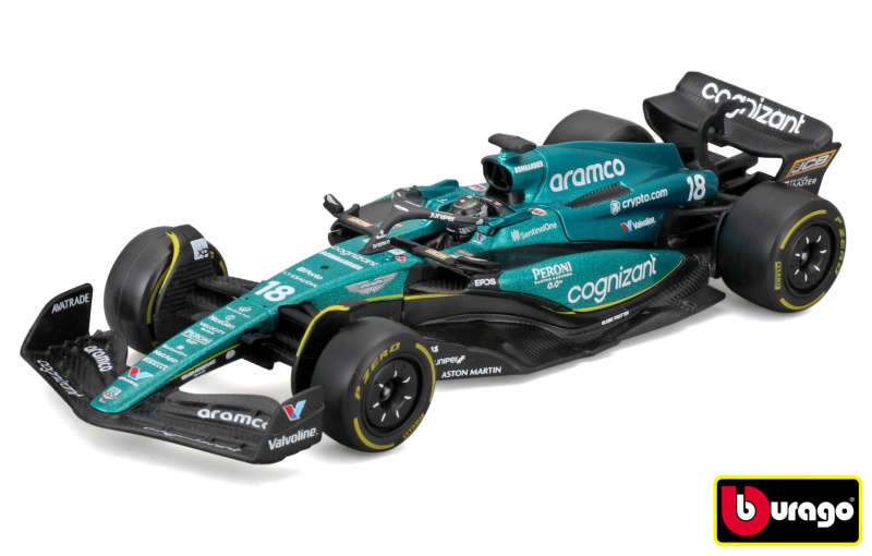 bburago 1:43 formula 1 aston martin amr23 #18 lance stroll – kovový model s řidičem v dárkovém boxu