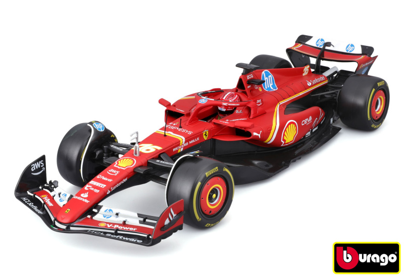 Bburago model F1 Ferrari SF-24 1:18 Charles Leclerc s figurkou a vitrínou