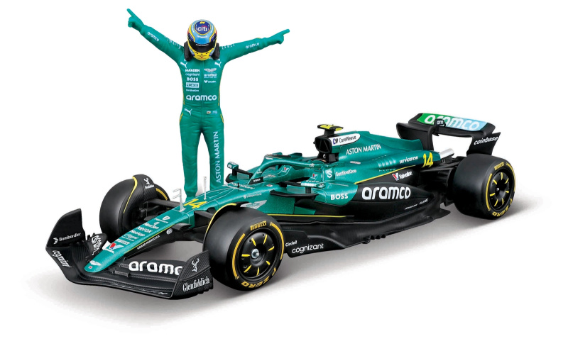 Bburago model formule 1 Aston Martin AMR25 2025 s figurkou jezdce Fernando Alonso (č. 14) 1:24