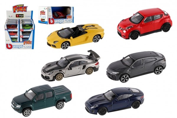 Bburago Auto Street Fire kov/plast mix druhů v krabičce 13x6x5 5cm 24ks v boxu 1:43