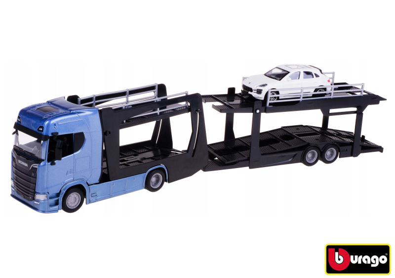 Bburago Kamion Multicar Carrier Scania 770S Blue + Porsche Macan 1:43