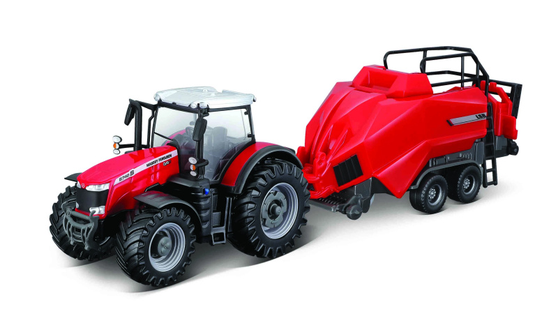 Bburago Farm Traktor Massey Ferguson 8740S + Baler Lifter Rood 1:50