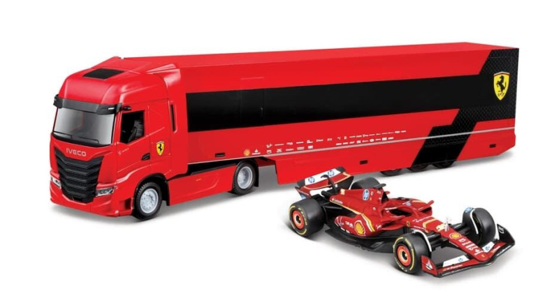 Bburago – RACE Tahač s návěsem Iveco S Way + F1 Ferrari SF-24 (2024), #16 Charles Leclerc, 1:43